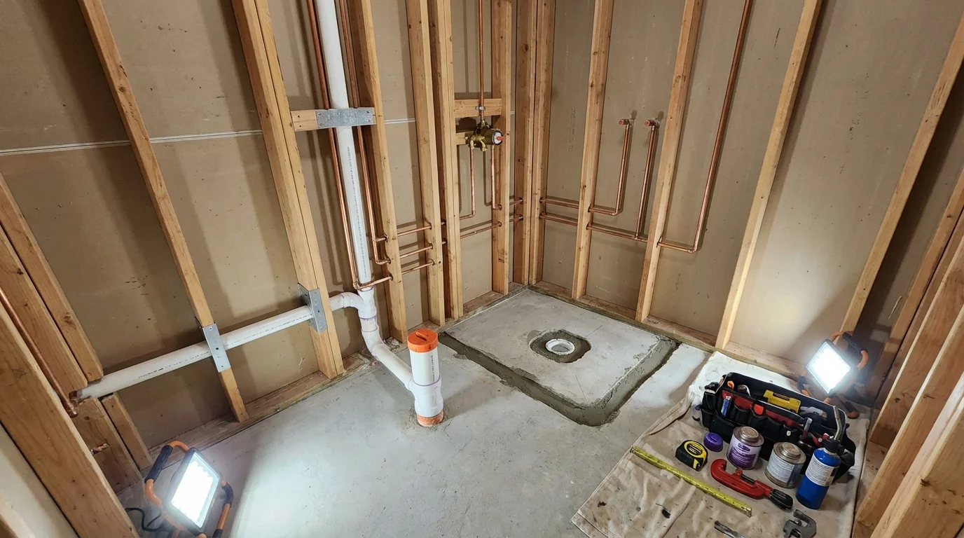 Bathroom rough-in plumbing during remodel by Johns Plumbing LLC in Redmond