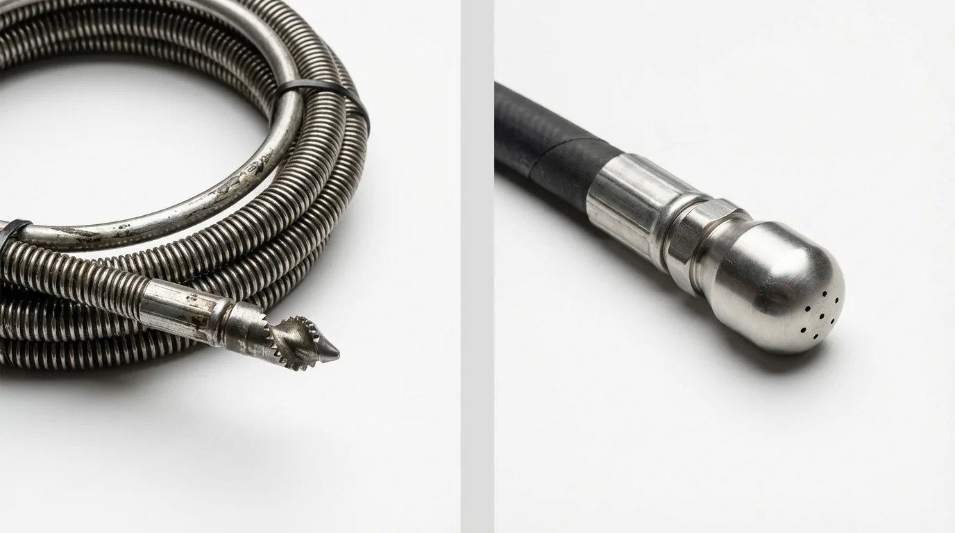 Drain snake cable and hydro jetting nozzle used for drain cleaning in Redmond, OR