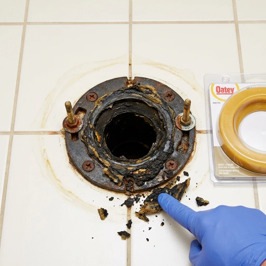 Failed wax ring showing water seepage at the base of a toilet in a Redmond, OR home