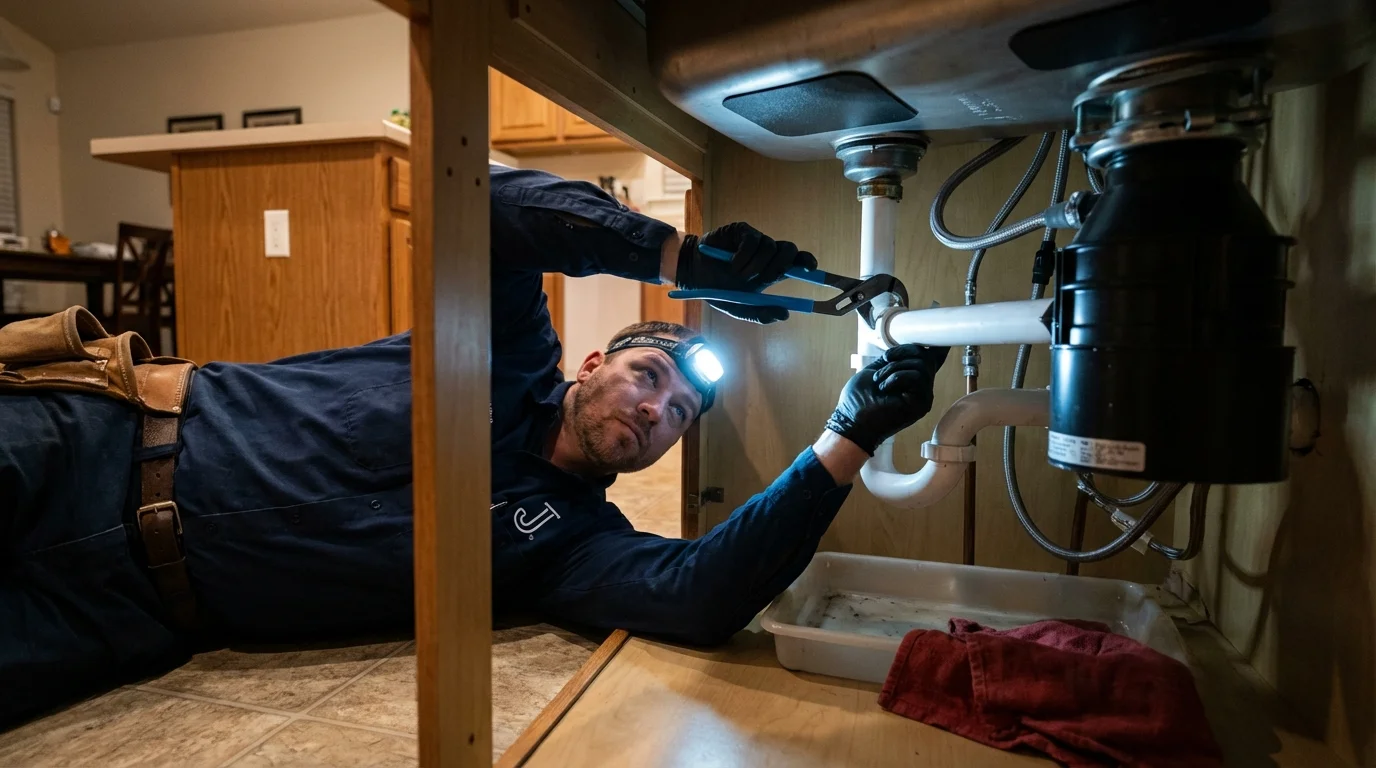 P-trap and supply line connections under a kitchen sink showing a common leak point in Redmond, OR